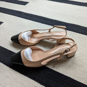 NWT Cap Toe Nude / Tan & Black Sling Back Block Heels / Sandals